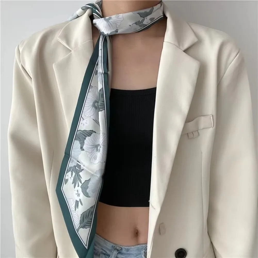 

Элегантный шелковый атласный шарф с цветочным принтом, узкий тонкий длинный завязанный ободок для волос, украшение для сумки, шейный платок, платок для отпуска