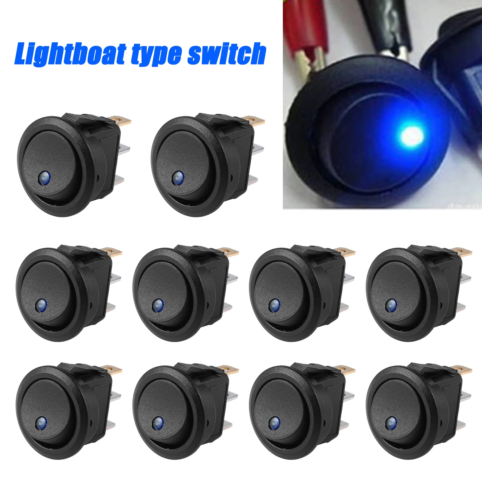10pcs Car Control Switch Round Rocker Dot Boat Illuminated Blue LED Light Toggle ON/OFF Button for Motorcycles Marine Boats