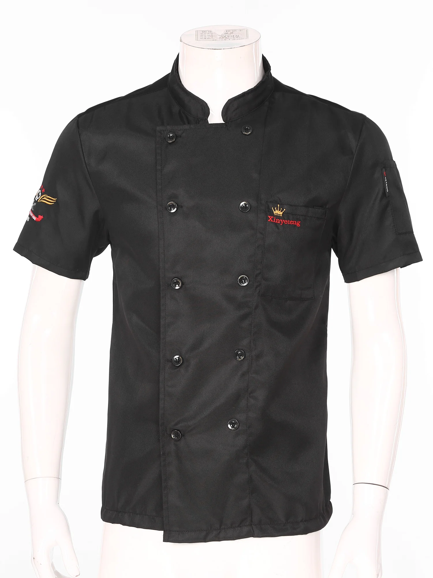 Chef casaco bordado manga curta feminino, uniforme de cozinheiro de cozinha com bolsos, gola alta, jaqueta trespassado, memes