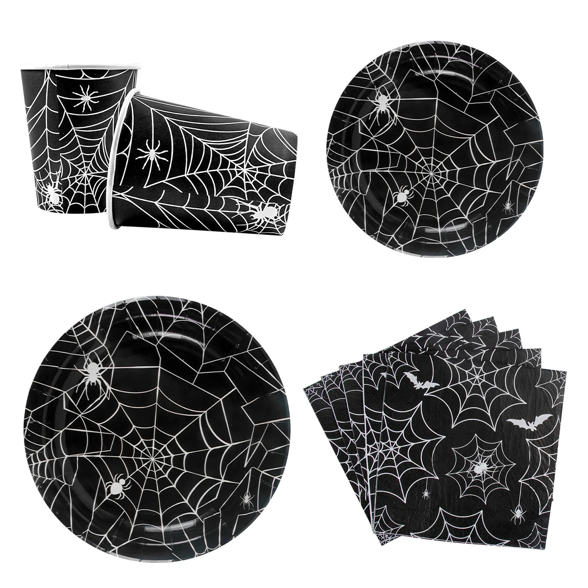 Halloween Party Spider Web Disposable Tableware Set Black Paper Plates Cups Napkin Halloween Birthday Party Decoration Supplies