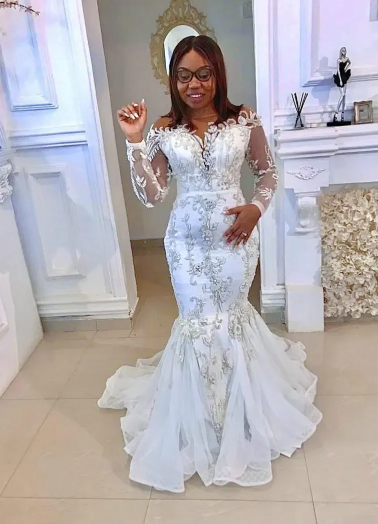 New Plus Size Arabian Aso Ebi Luxury Lace Applique Bridal Dress Transparent Collar Wedding Mermaid wedding Dress Customized 2025