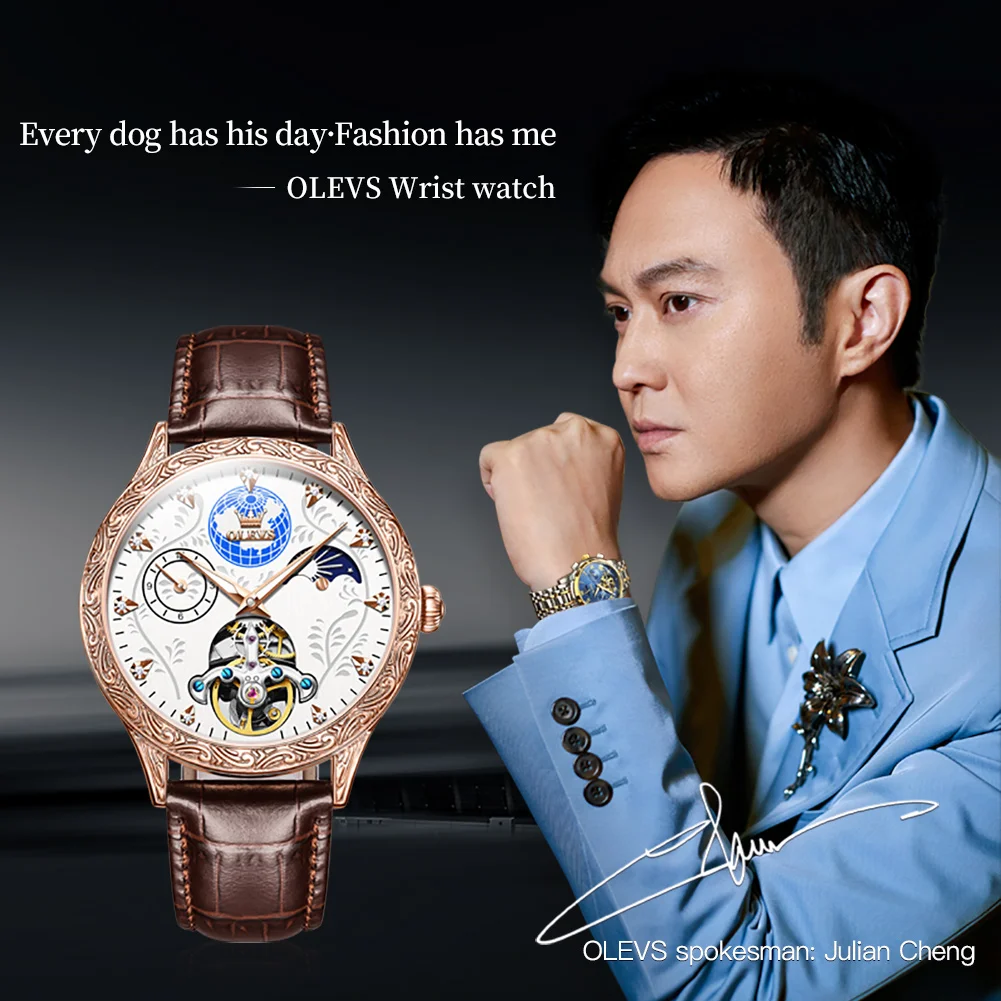 

OLEVS 6660 Watch Man Luxury Original Automatic Mechanical Business Belt Watch﻿ Waterproof Luminous Week Date Moon Watch For Man