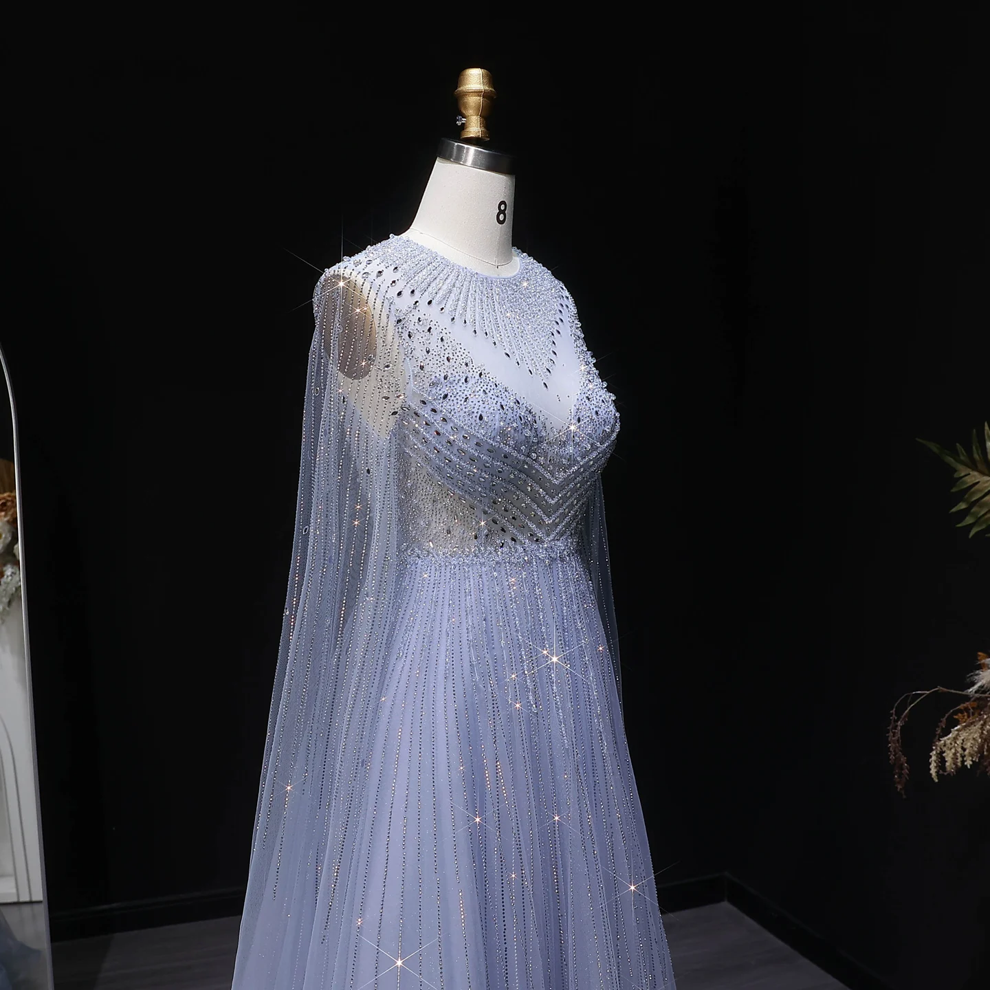 Sharon Said Luxuriöse Dubai Perlen-Kristall-Tüll-Abendkleider Elegante Cape-Ärmel Formelle Ballkleider SS054 Maßanfertigung – Detail 8