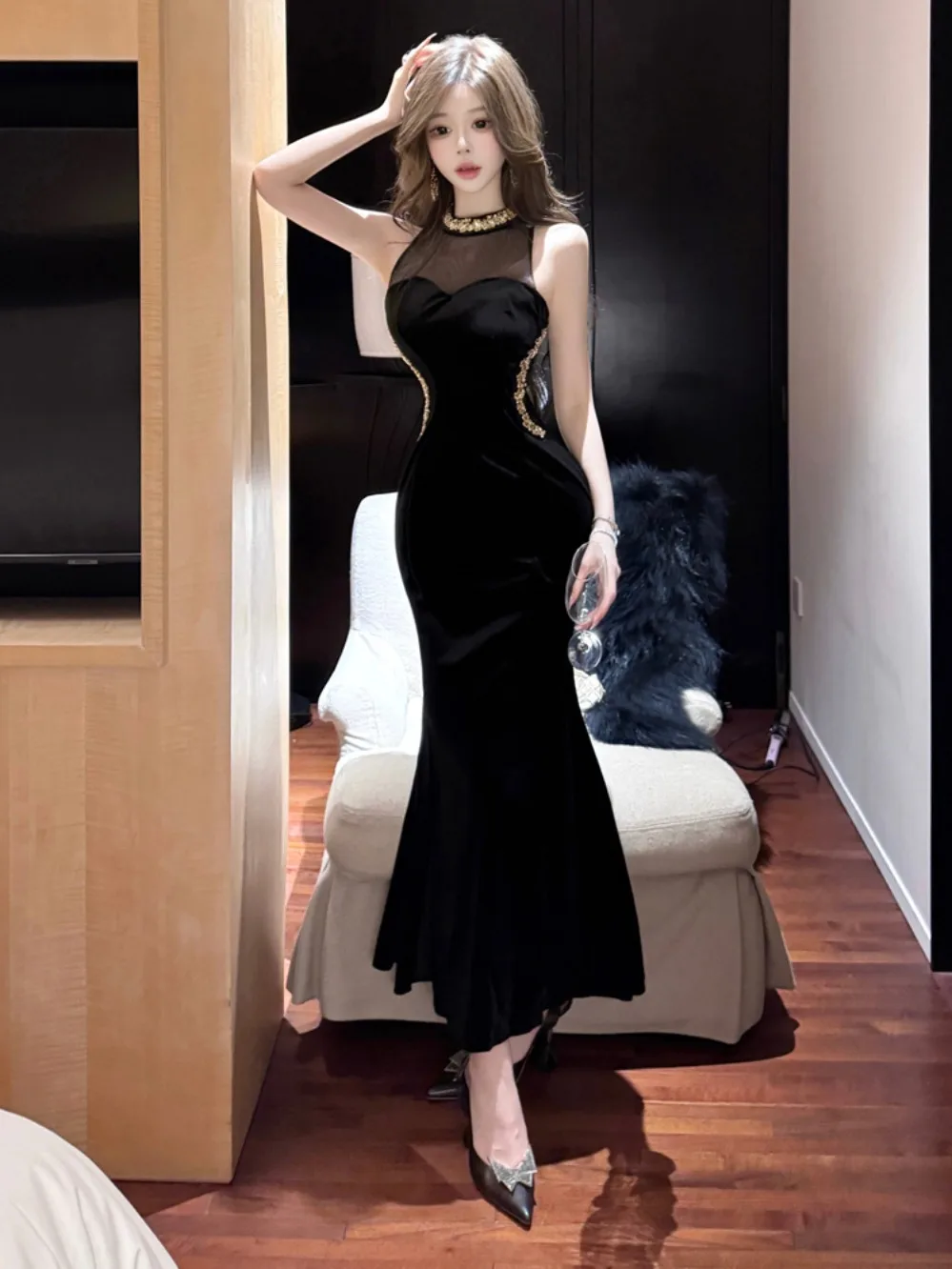 

Velvet Fi Tail Dr Sexy Slim Fit Split High Waist Long Skirt No Sve Autumn Winter Faion Ciwalk Gown