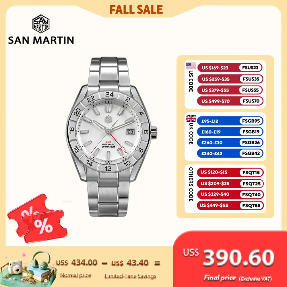 San Martin 42mm Men Watch NH34 GMT Natural MOP Dial 3H Date Swim Automatic Sapphire BGW-X1 Blue Luminous Dress Reloj SN0130