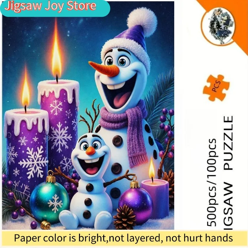 

Frozen Puzzle - Olaf the Happy Snowman with Festive Winter Elements | Blue and Purple Starry Sky Background, Exquisite Candles