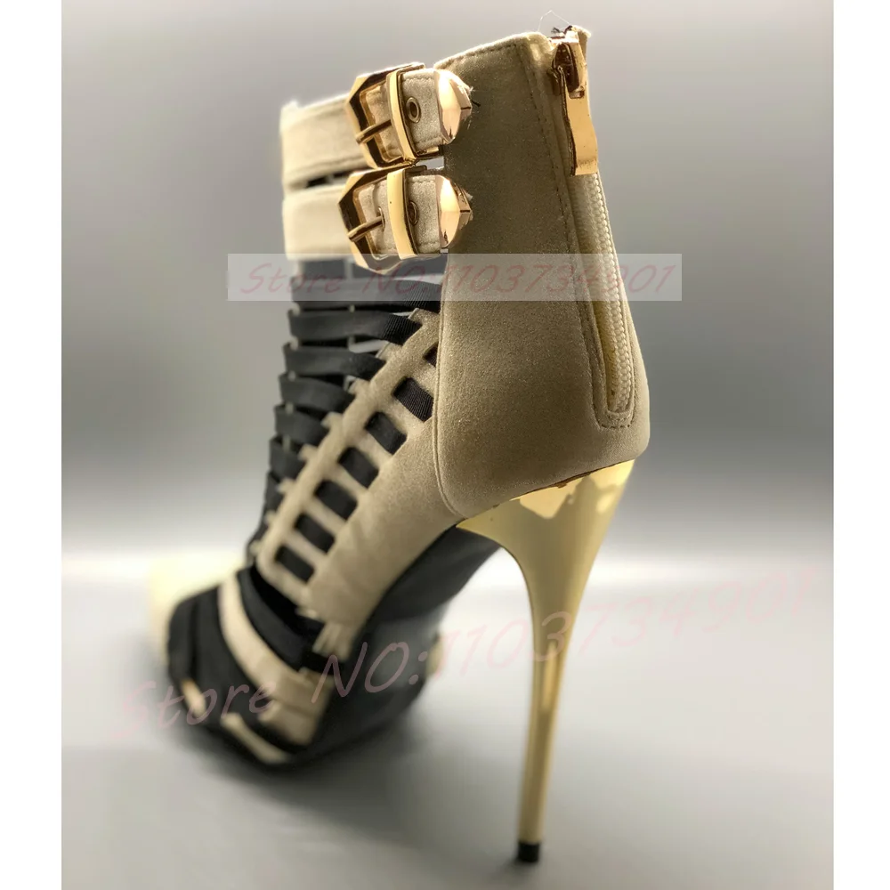 Cutout Strappy Metallic Heel Ankle Boots Women Gold Double Buckle Beige Suede Caged Pointed Toe High Heels Hollow Summer Boots