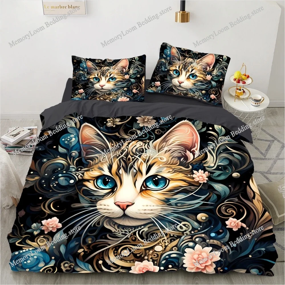 King Size Cat Bedding Set – 3D Printed Duvet Cover Set Bed Queen Luxury Bedrooms & Gifts (Cat, flowers, moon) - view 3