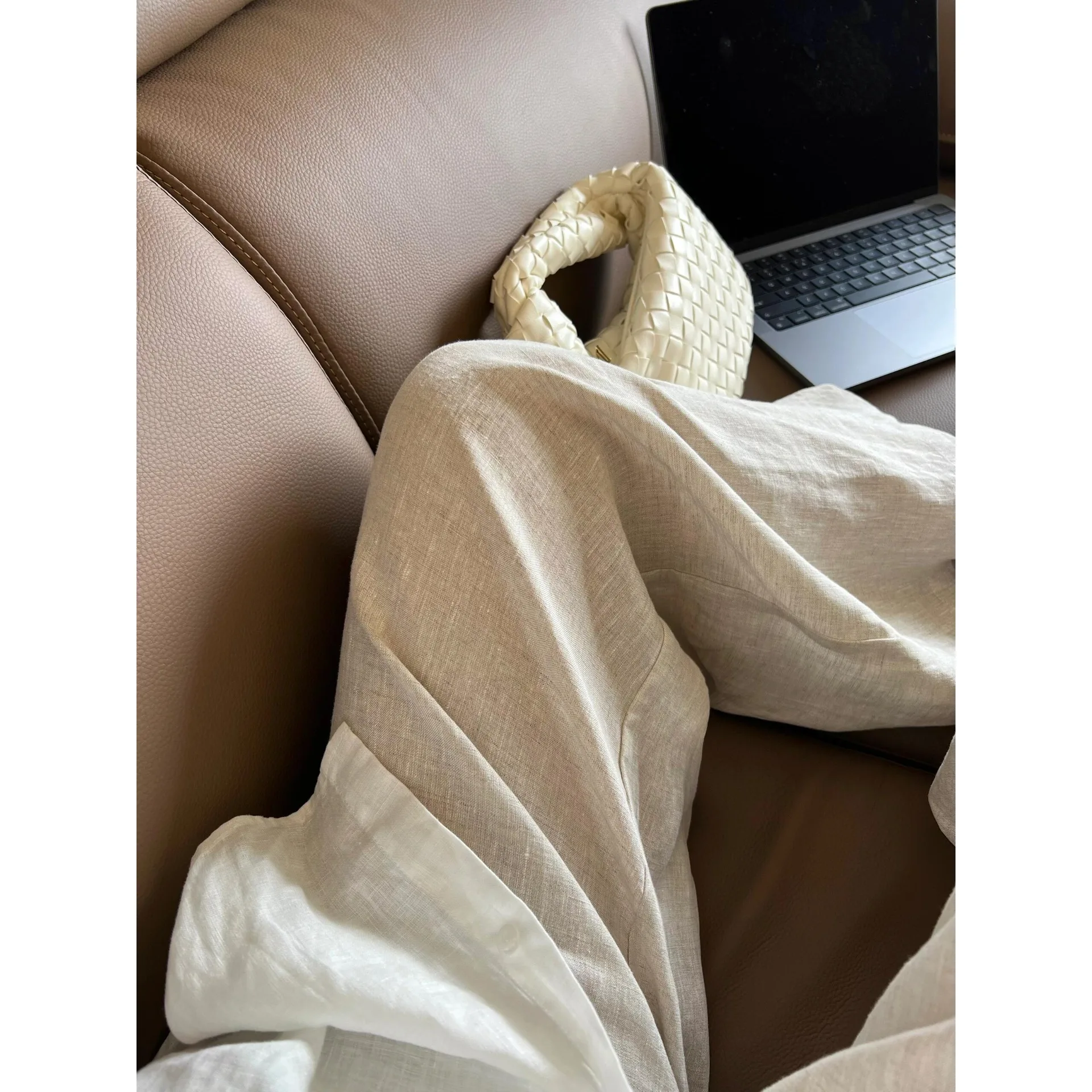 กางเกงขายาวทรงหลวมสไตล์วินเทจสำหรับผู้หญิง ผ้าลินินเนื้อนุ่ม ใส่สบาย เหมาะสำหรับใส่ไปทำงานหรือวันสบายๆ เอวสูง คอลเลคชั่นฤดูใบไม้ร่วง