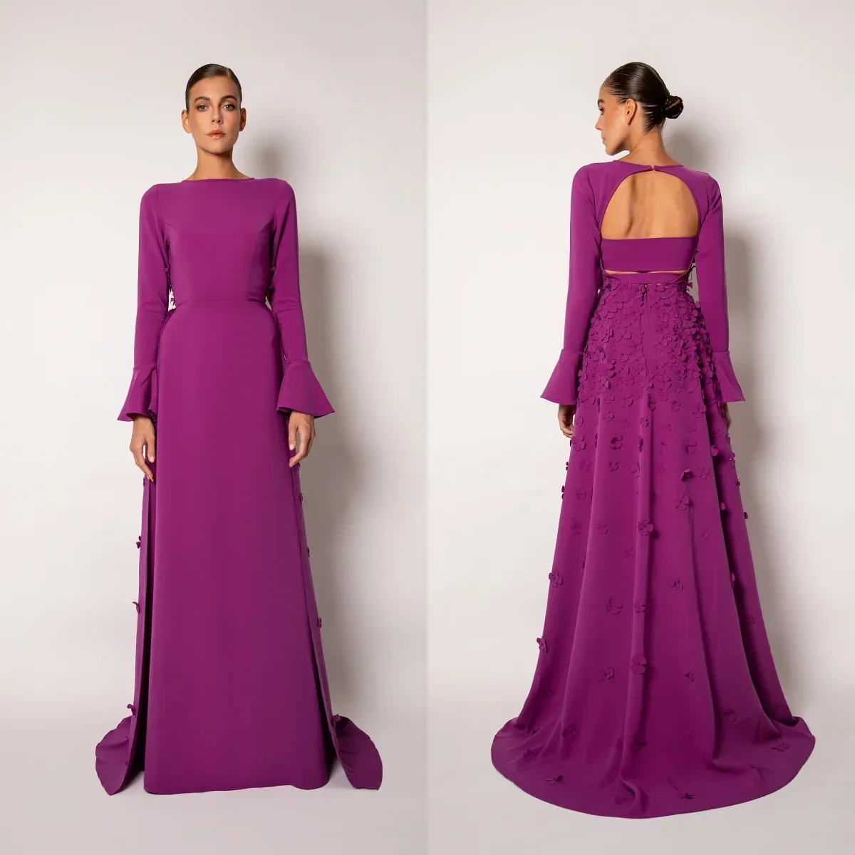 Customized Elegant Long Sleeves Evening Dresses 2024 Open Back with Flowers A-line Floor-Length Party Dresses for Special Ocn