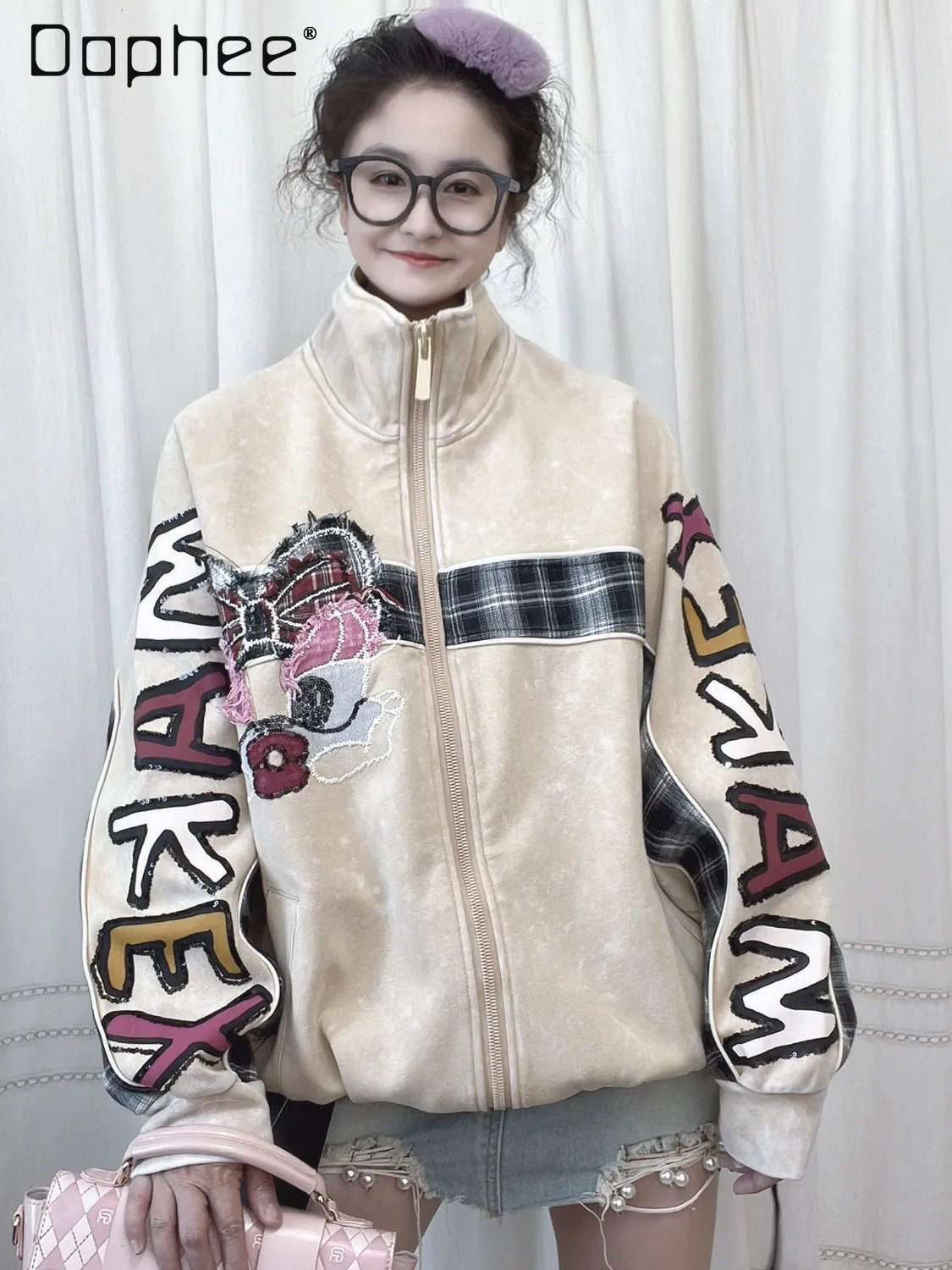 

2025 Autumn New Loose Mid-Length Cartoon Embroidery Heavy Craft Jacket Stand Collar Vintage Sweatshirt Jacket Women