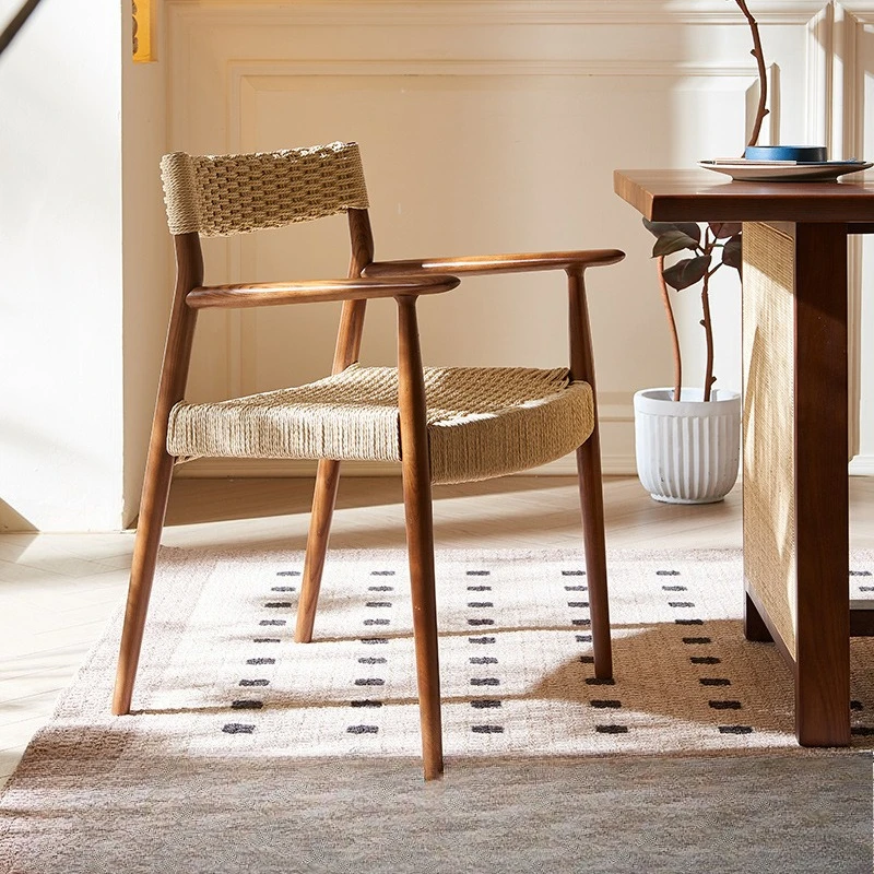 

Solid wood dining chair Home antique restaurant Rope braided armrest back chair Hotel cafe Dining table Chair