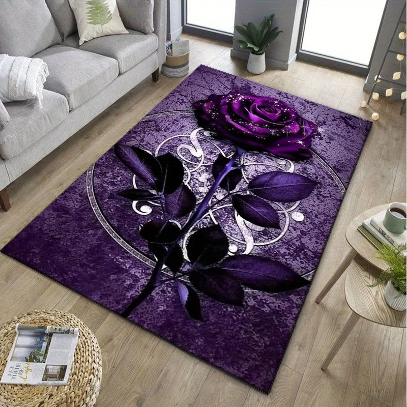 Purple Leaf Rug for Elegant Office Decor | Abstract Floral Area Rugs with Violet Leaves | Luxury Interior Design