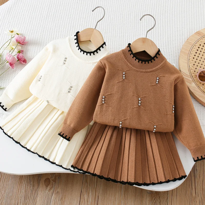 

Children's Sweater Set Autumn Winter New Simple Fashionable Solid Color Knitted Beaded Stylish Pullover Short Skirt Two-Piece Se