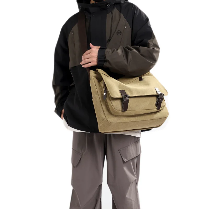 Canvas wear-resistant men's workwear single-shoulder bag, large-capacity flip-top magnetic buckle postman crossbody bag