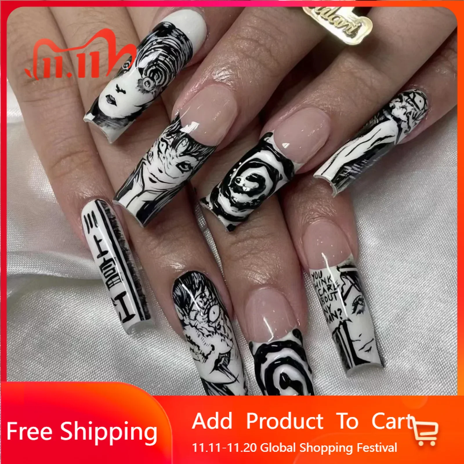 

24Pcs Black Acrylic Tomie Anime Nails Japanese Horror Comics Design Press-On Nails Set Wearable Ballet Fake Nail Tips for Girls