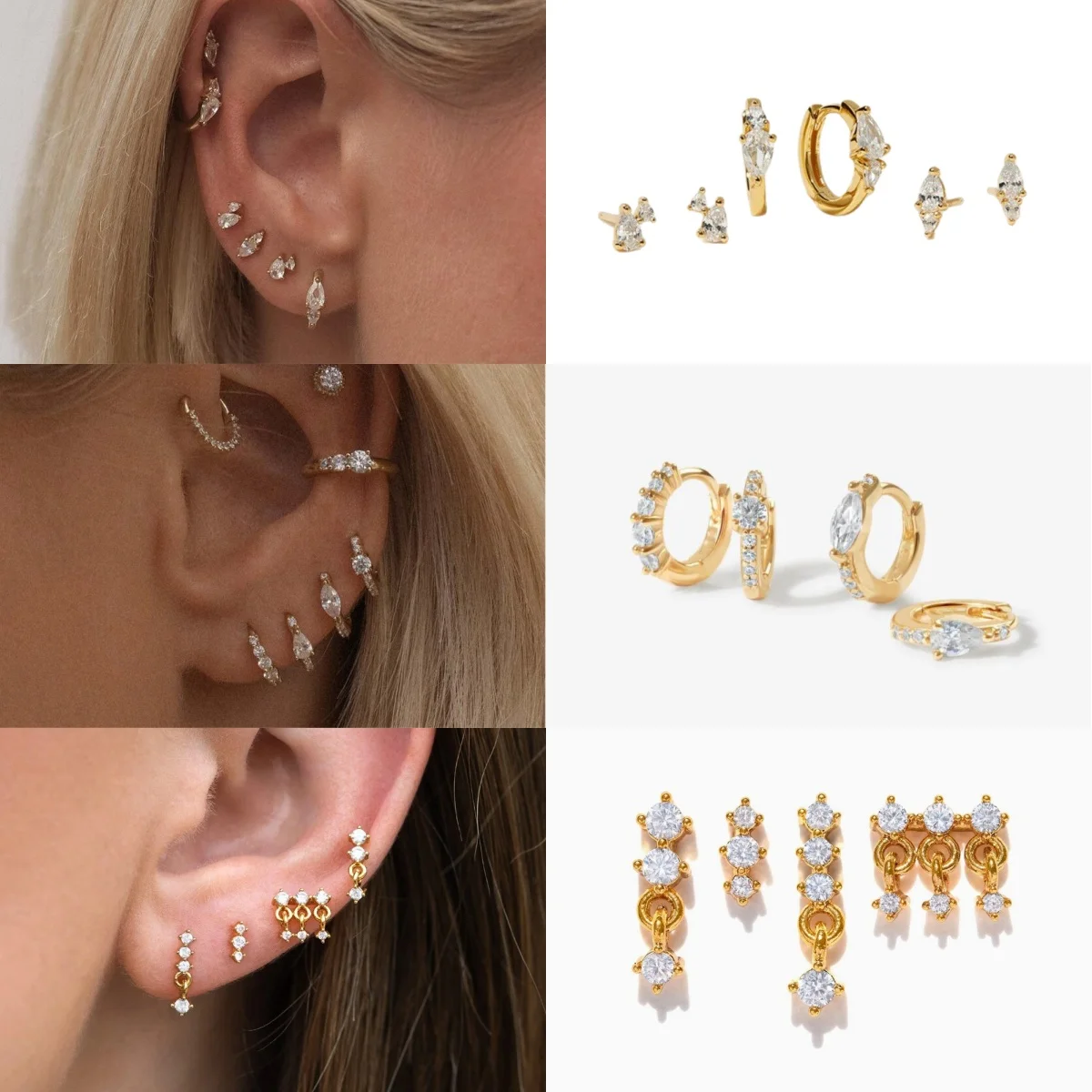 MIGGA Shining Cubic Zircon Crystal Stud Earrings Set for Women Gold Plated Copper Jewelry