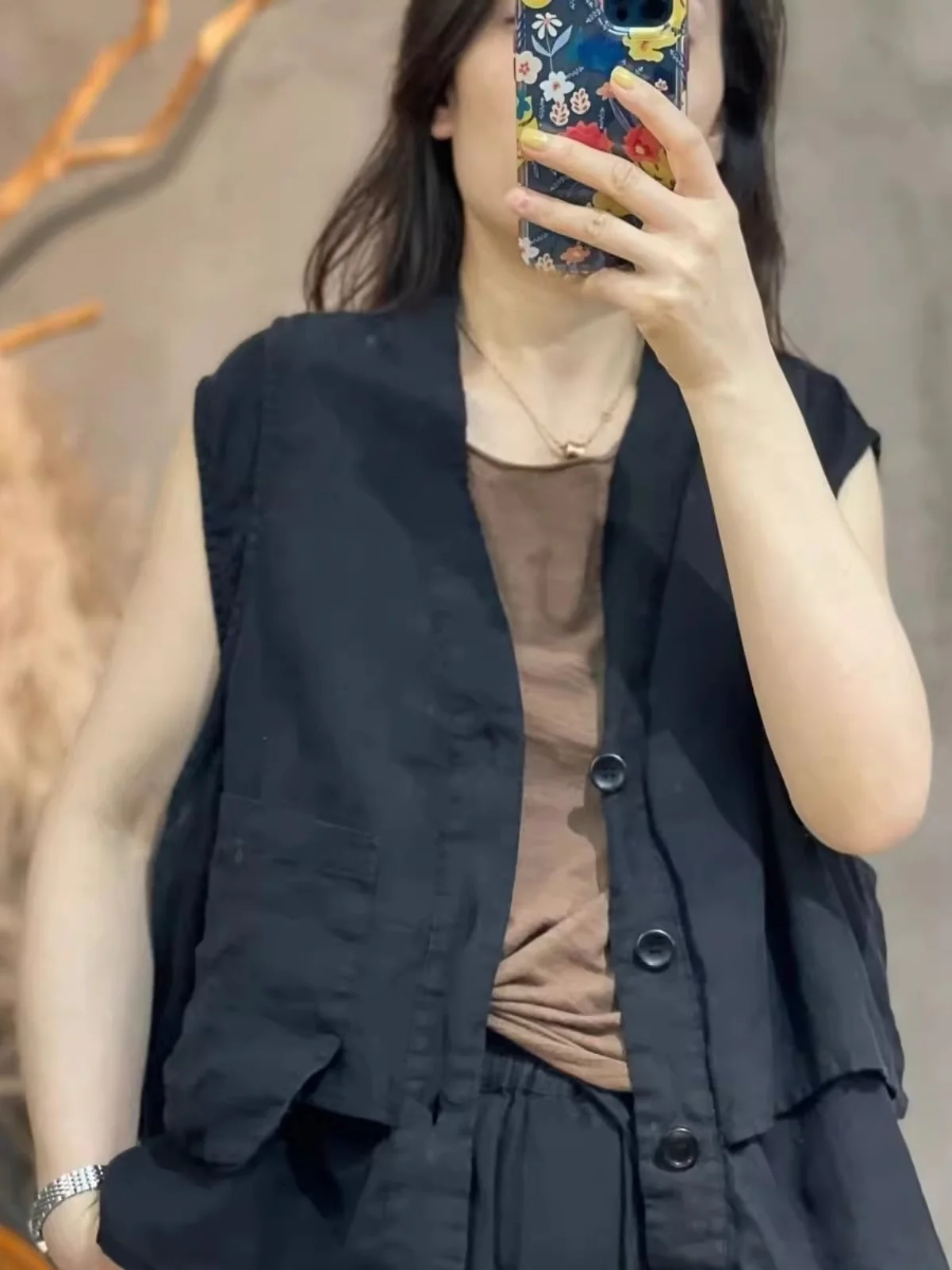 الرجعية Waed القطن الكتان Svel سترة مفتوحة فضفاضة سترة غير رسمية المرأة الخريف ملابس خارجية طبقات تانك الأعلى زر التفاصيل