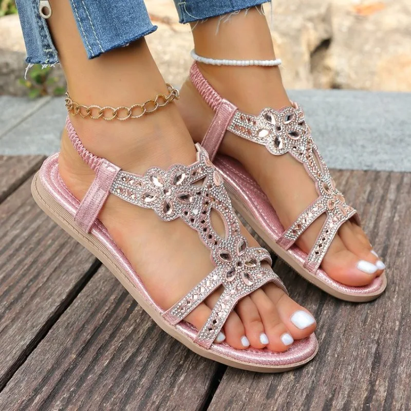 

New Crystal Wedge Gladiator Sandals Women Summer Elastic Band Open Toe Sandals Plus Size Casual Beach Shoes for Woman