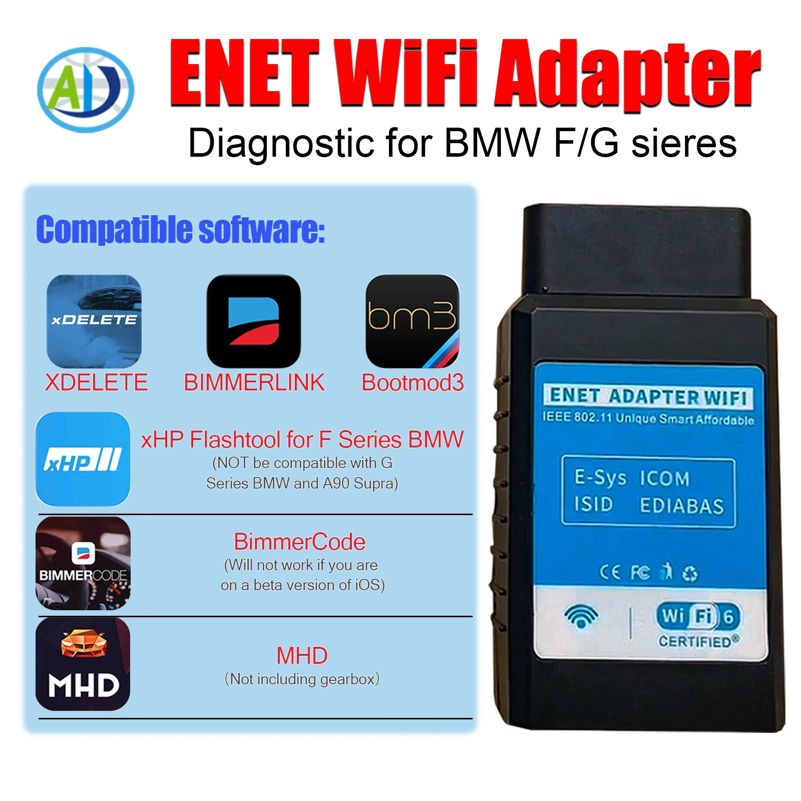 Adaptador OBDII ENET WiFi para BMW ICOM F/G Series conector de codificación Ethernet OBD2 para BimmerCode,Bootmod3,xDelete,MHD,XHP para E-SYS