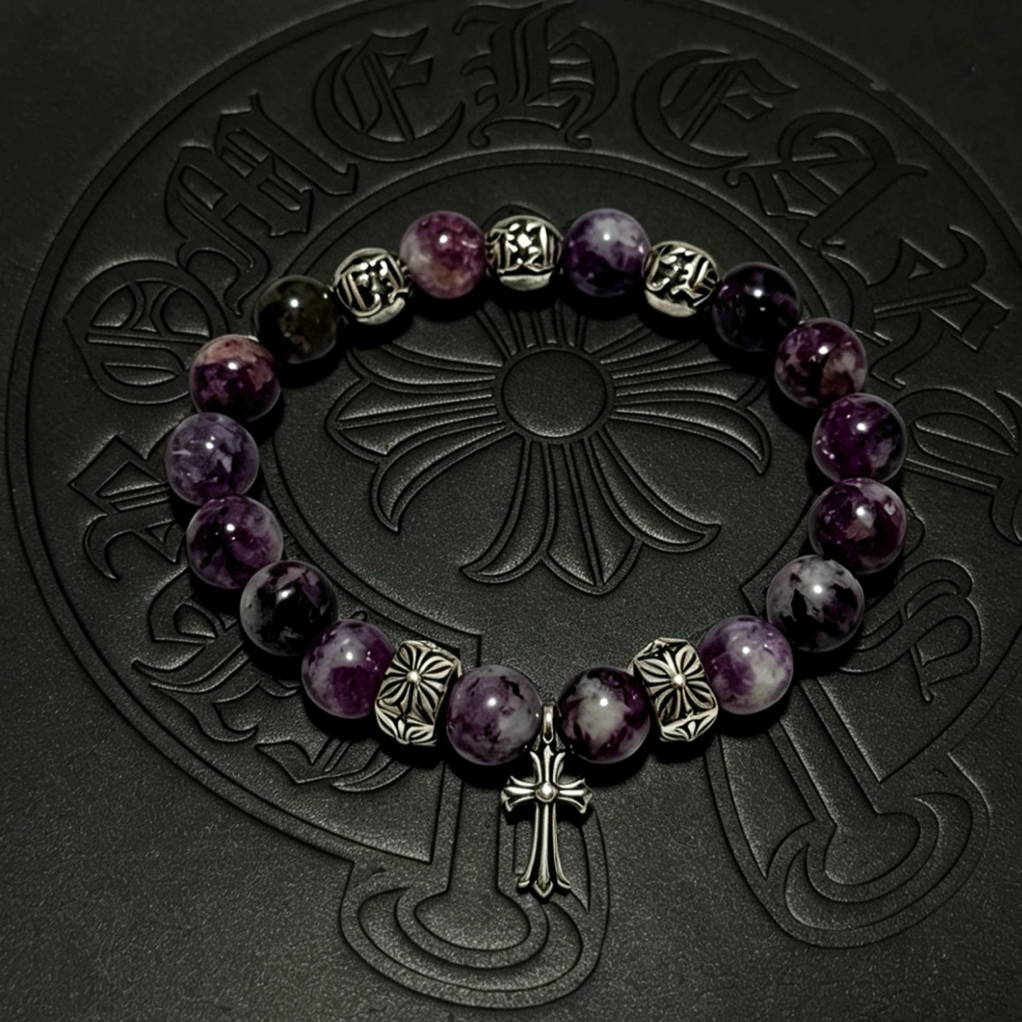 S925 sterling silver retro old charm cross CH bracelet cat eye beaded cross men's and women's jewelry