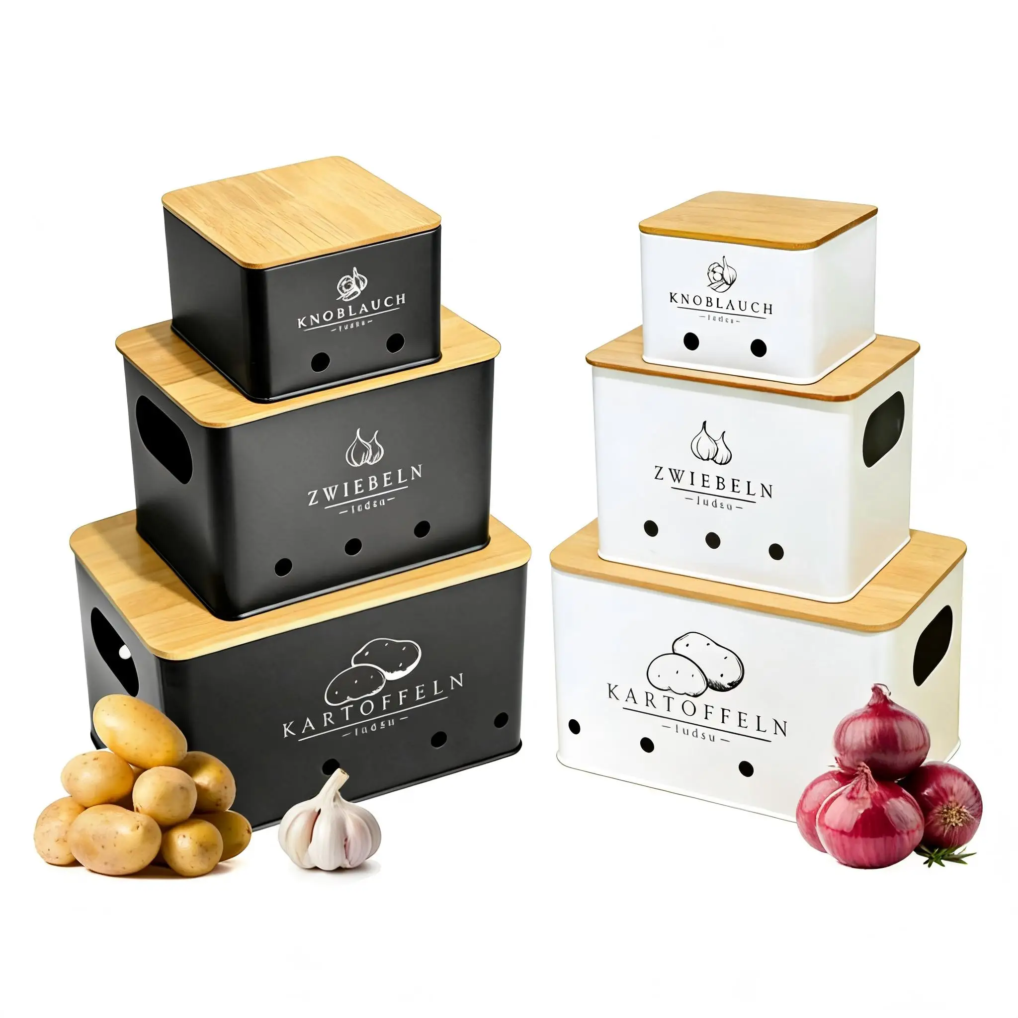 SAEIV Hochwertiges 3-Stück Metallische Kartoffelbox Set mit Natürlichem Bambusdeckel – Stapelbare Aufbewahrungsboxen für Kartoffeln, Zwiebeln & Knoblauch (mit Lüftungslöchern) – Arbeitsfläche oder Vorratsschrank – Detail 2