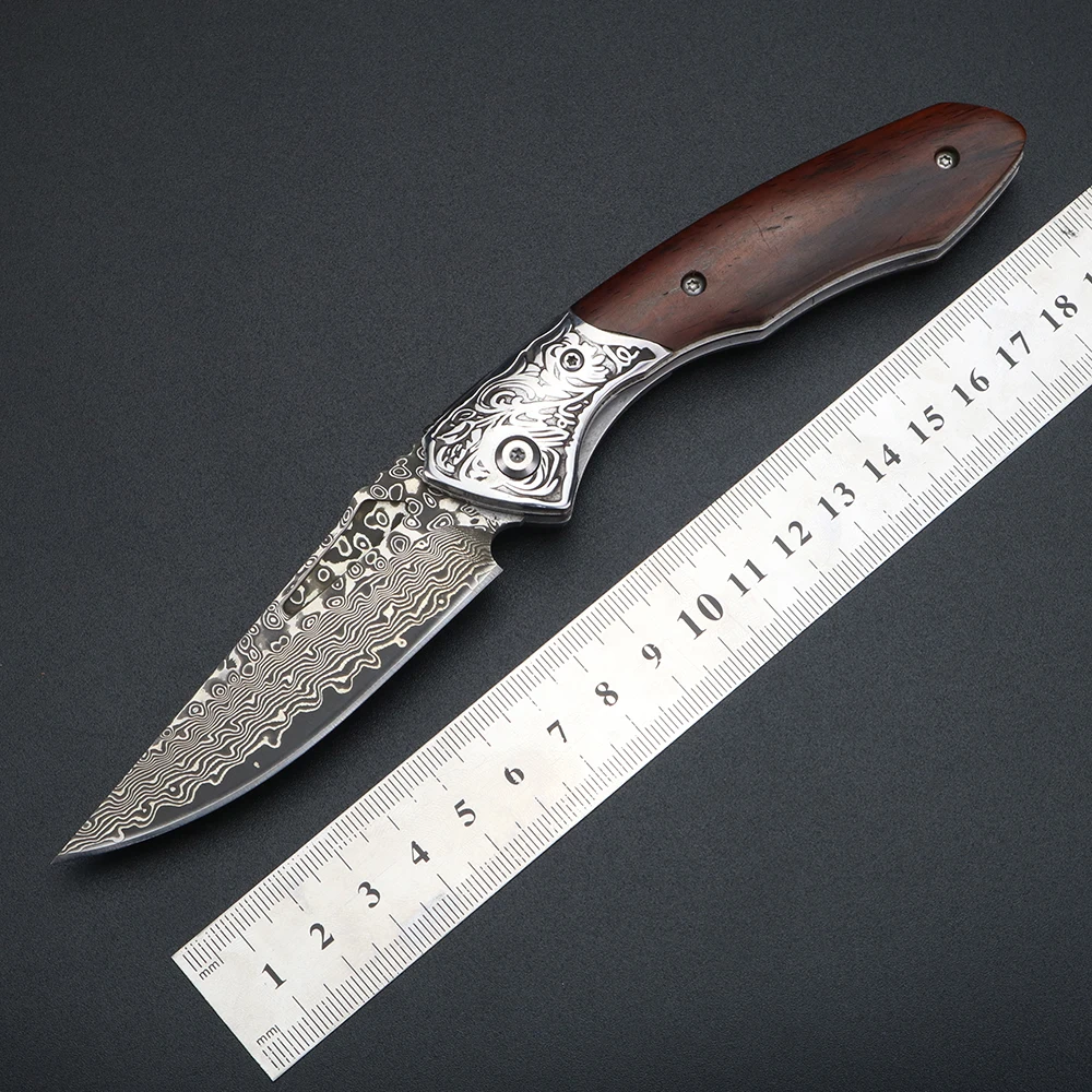 XUANFENG Outdoor Damascus Steel Knife Folding Knife Camping Barbecue Fruit Knife Yellow Sandalwood Handle Camping EDC Knife