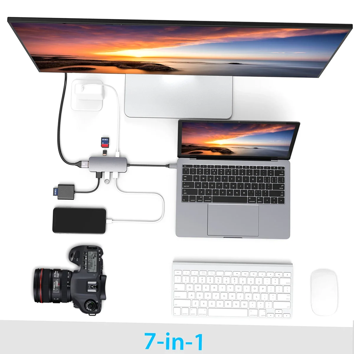 7-in-1 Multifunction USB-C Hub with Power Delivery 4K HD Output Port SD / TF Card Reader PD Charging Port and 3 USB 3.0 Ports