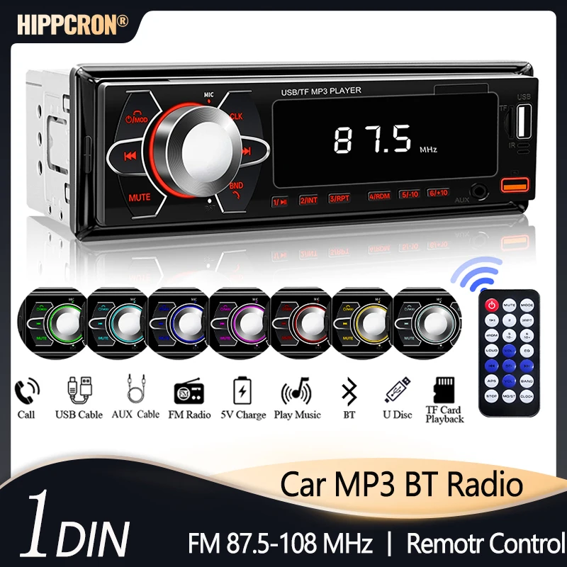 Receptor de Audio para Auto Hipporon 1 Din, Reproductor MP3 Digital Colorido con Entradas USB y AUX Dobles, Sistema Multimedia Automotriz