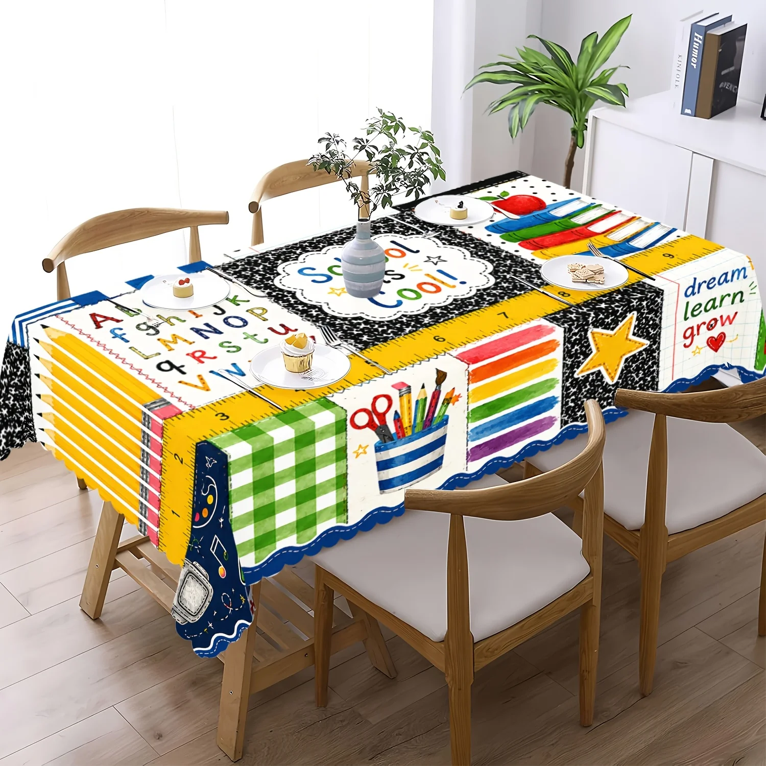 One 2D flat-printed school-themed tablecloth, with a retro watercolor patchwork style and featuring school-related elements.