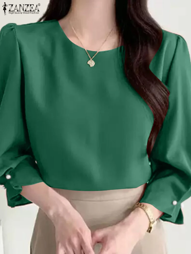 ZANZEA Camicette da donna eleganti Autunno 2025 Girocollo Manica a tre quarti Blusas Mujer Moda coreana Cinch-Cuffs Solid Top