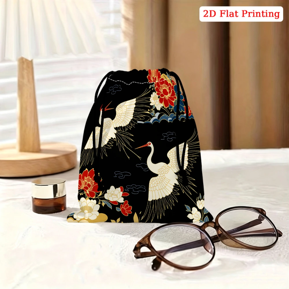 1pc Japanese Style Drawstring Bag Black Crane And Flower Print Storage Small Pouch For Glasses Cosmetics Travel Organizer Portab