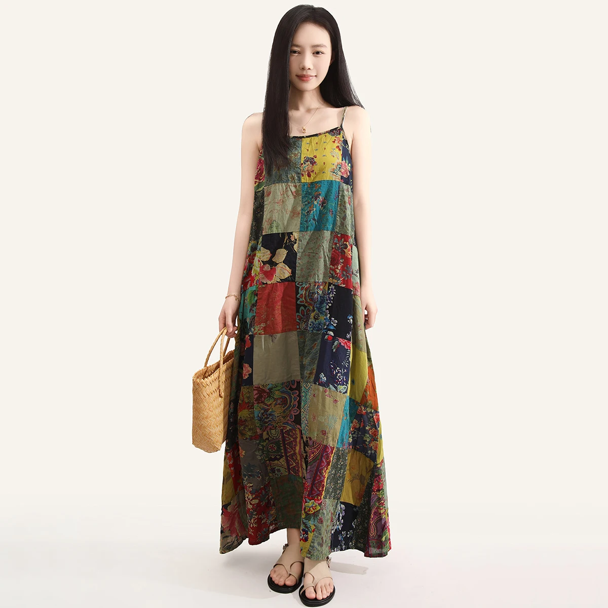 

LZJN Vintage Cotton Maxi Dress Summer New Arrival Ethnic Style Casual Travel Random Print Patchwork Dress Women's Camisole