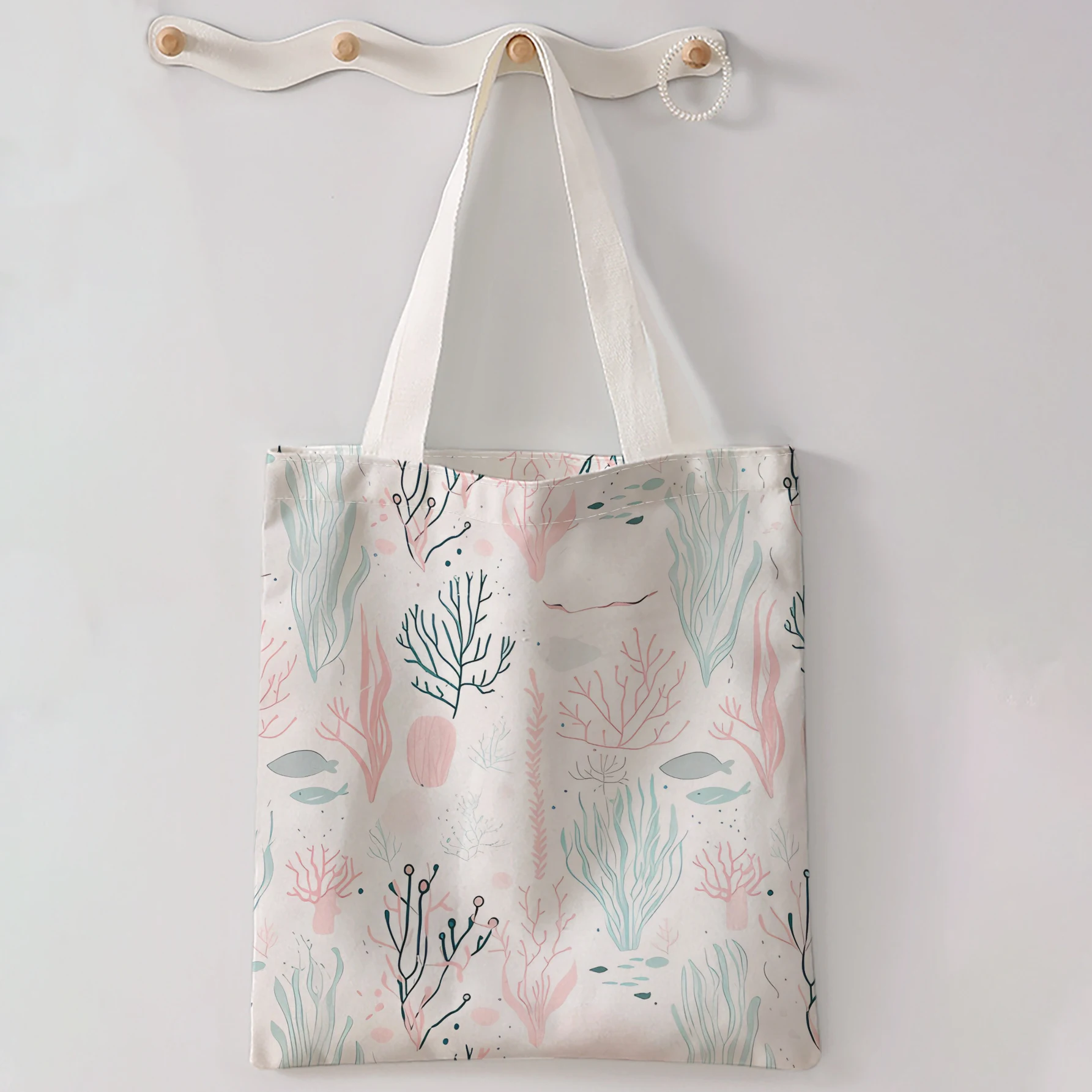 Pastel Seaweed Coral Small Fish Print Tote Bag Large Capacity Shoulder Bag For Shopping Travel Daily Use
