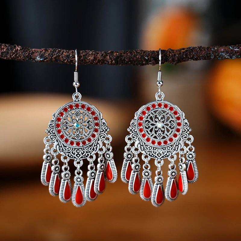 Ethnic Style Drop Oil Tassel Water Drop Earrings for Women Elegant Silver Color Vintage Hollow Out Carved Earring Female Jewelry