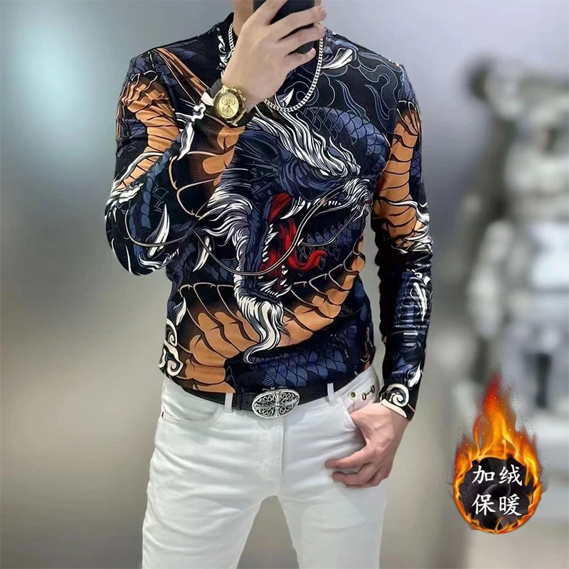 Spring Autumn Street Style Dragon Printing Fashion Sweatshirt Homme Long Sleeve Tops Men\'s Loose Casual Fashion All-match Tee