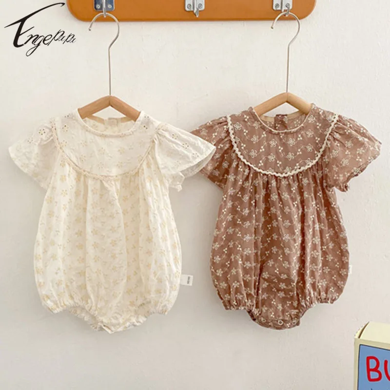 

Korean Style Newborn Baby Girls Short Flying Sleeves Rompers Princess Bodysuit Solid Color Girls Lace Jumpsuits Summer Clothes