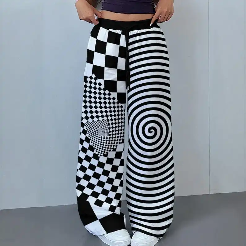 Unisex Straight Long Pants 3D Pink Black Checkerboard Spiral Swirl Print Quick Dry Trousers Elastic Psychedelic Y2K Street Pants