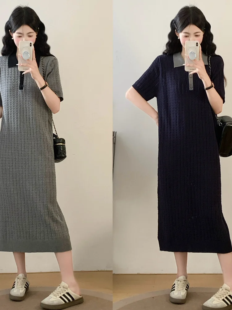 

Loose Knitted Midi Dress for plus Size Women Casual Simple Slimming Meat Covering College Style Short Sleeve Collar Dress
