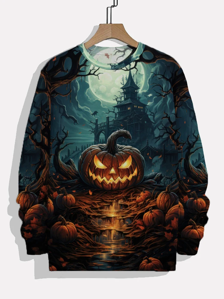 Purple Halloween Elements Ghost And Colored Balloons Printing Long Sleeve T-shirt Mens Jack-o'-lantern Printed Casual Tops