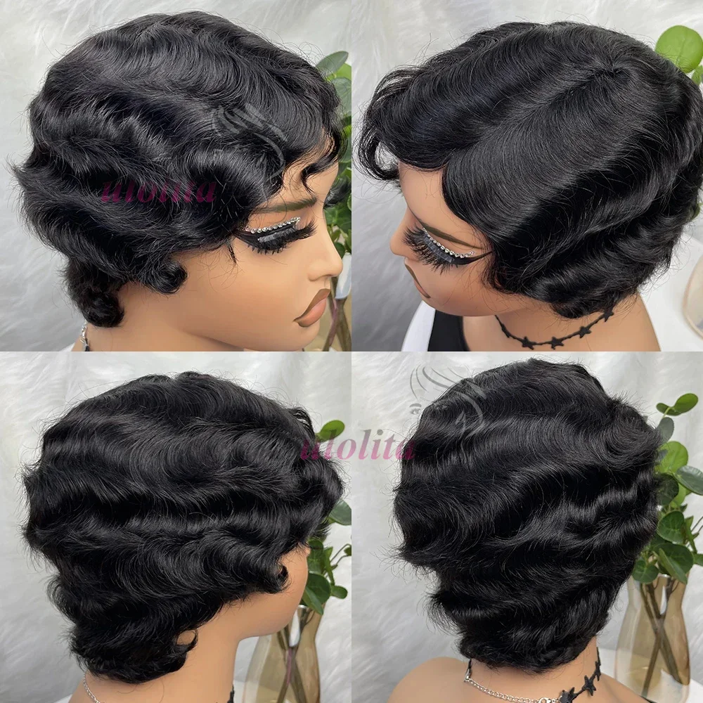 Pixie Cut Finger Wave Kurze Bob-Perücken für Schwarze Frauen, Echthaar Ocean Wave Kurze Indische Echthaar-Perücke 13X4 Lace Front Perücken – Detail 6