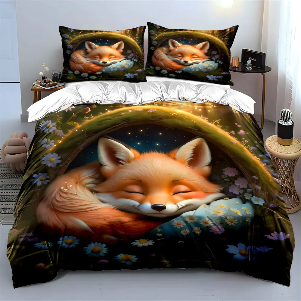 Cute fox sleeping in flowers Bedding Set for Kids Luxury Gift 3pcs Digital Print Comforter Set Soft Comfortable Breathable
