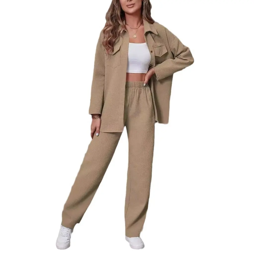 

Women's Casual Two-Piece Set Spring Autumn New Fashion Waffled Lel Cardigan European American Style