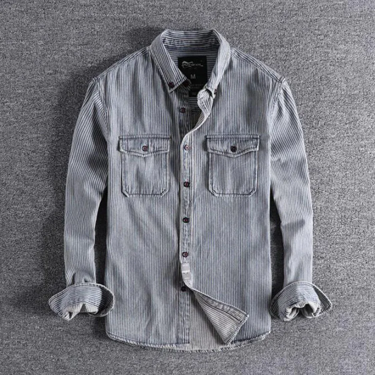 Trendy Autumn Men Shirts Vintage Style Long Sleeve Men Turn-down Collar Shirts Casual Slim Fit Stripe Blouse For Male