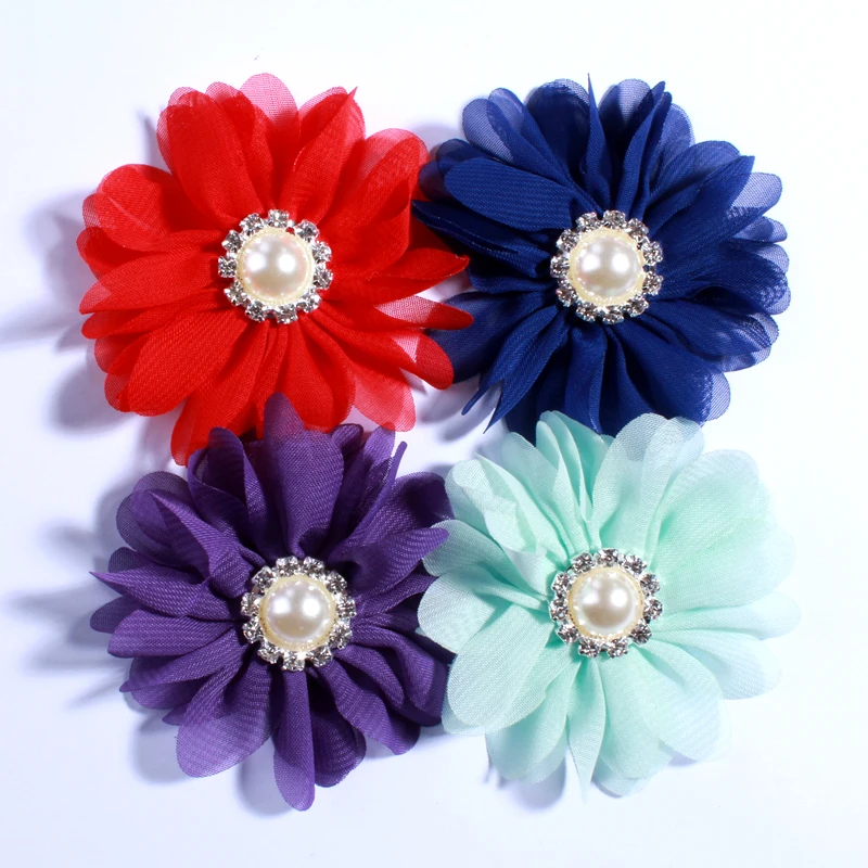 20PCS 6.5CM Cute Chiffon Fabric Flowers With Rhinestone Pearl For Girls Headbands Hair Accessories U Pick Color For Dress