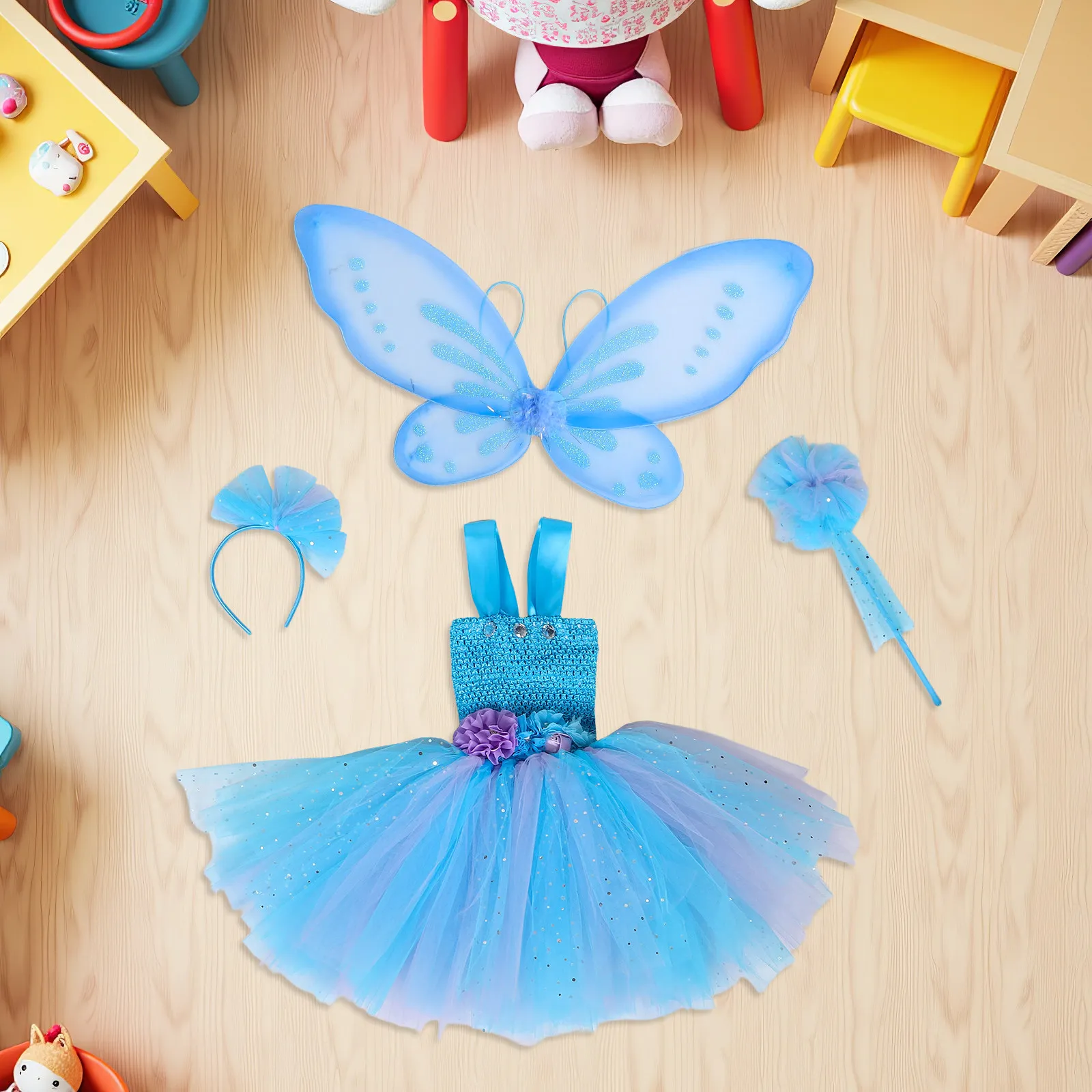 1Set Butterfly Fairy Skirt Girls Multi Layer Tulle Dress with Wings Comfortable Lightweight Fairy Costume for Photography
