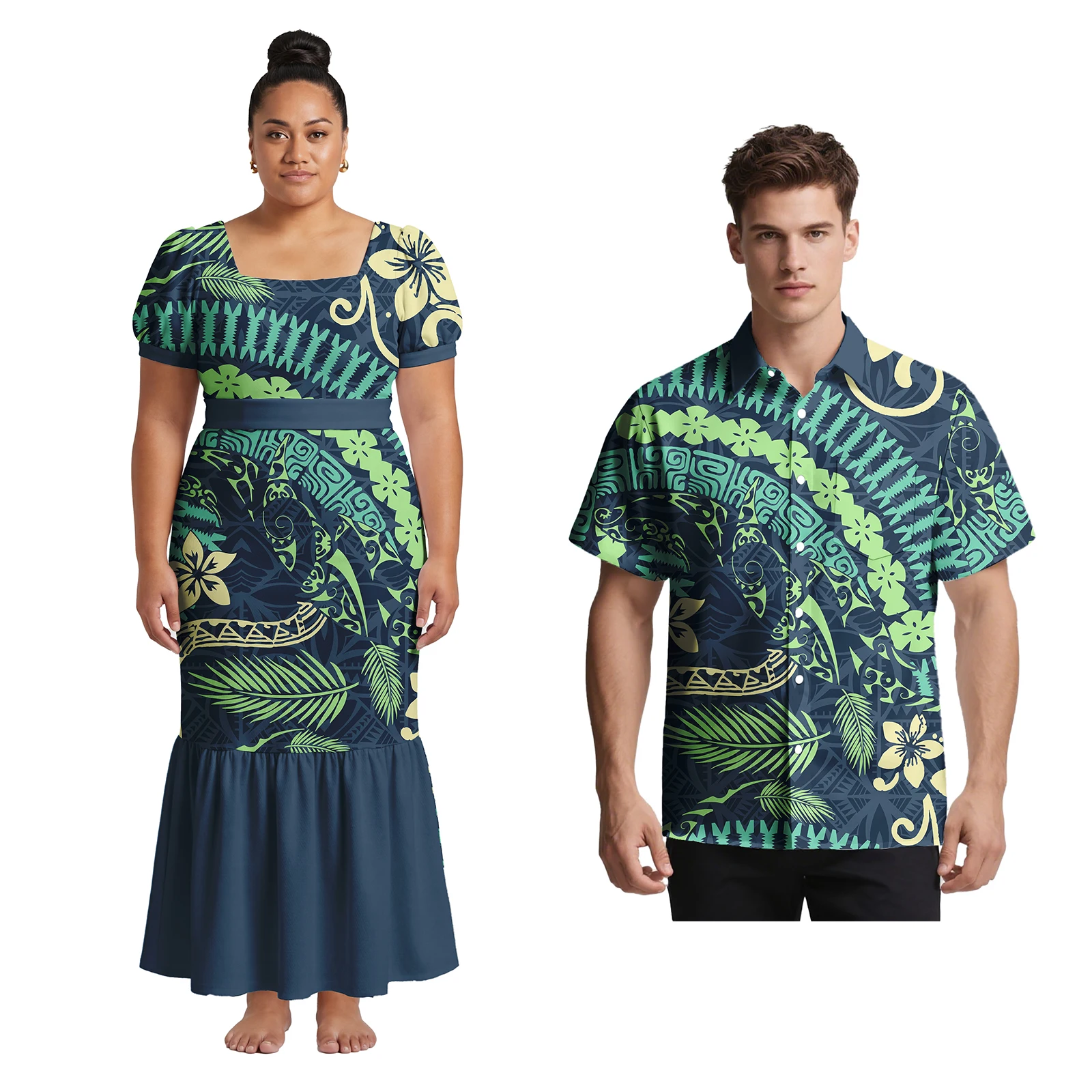 Custom Samoan Island Short Sleeve Women Clothes Polynesian Beach Holiday Square Neck Dress Ladies Hawaiian Fashion Mermaid Dress