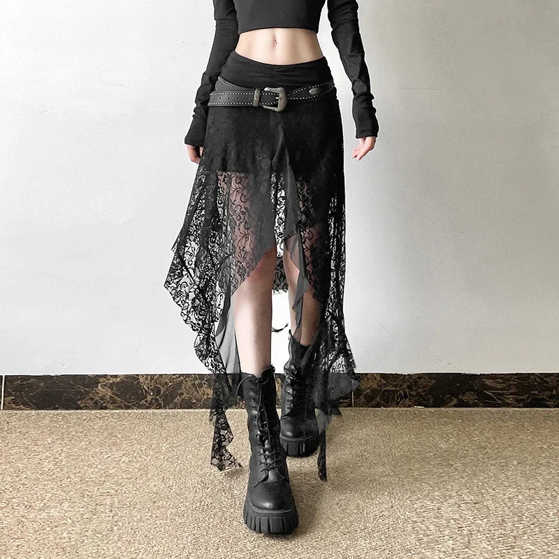 

Y2K Goth Dark Irregular Hem Lace Patchwork Mid Skirts Women Streetwear Fairy Slim Pleat A-line Skirt Mall Goth Fashion Bottoms