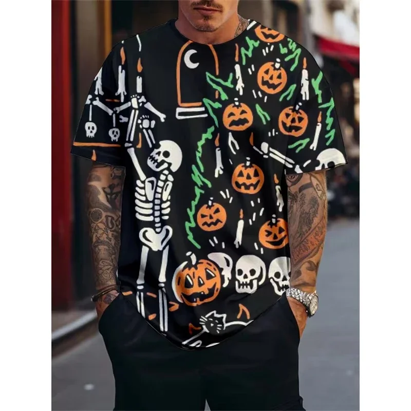 3D Printed Bat Scarecrow Skull T Shirt For Men Abstract Halloween Pattern T-Shirts Casual Short Sleeve Round Neck Tops Loose Tee
