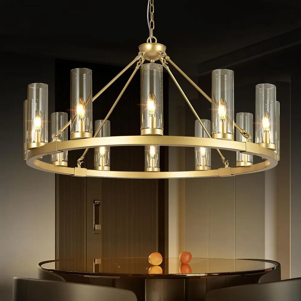 

Industrial Style 12-Light Gold Wagon Wheel Pendant with Clear Glass Shades for Living Room, Stairway, and Kitchen